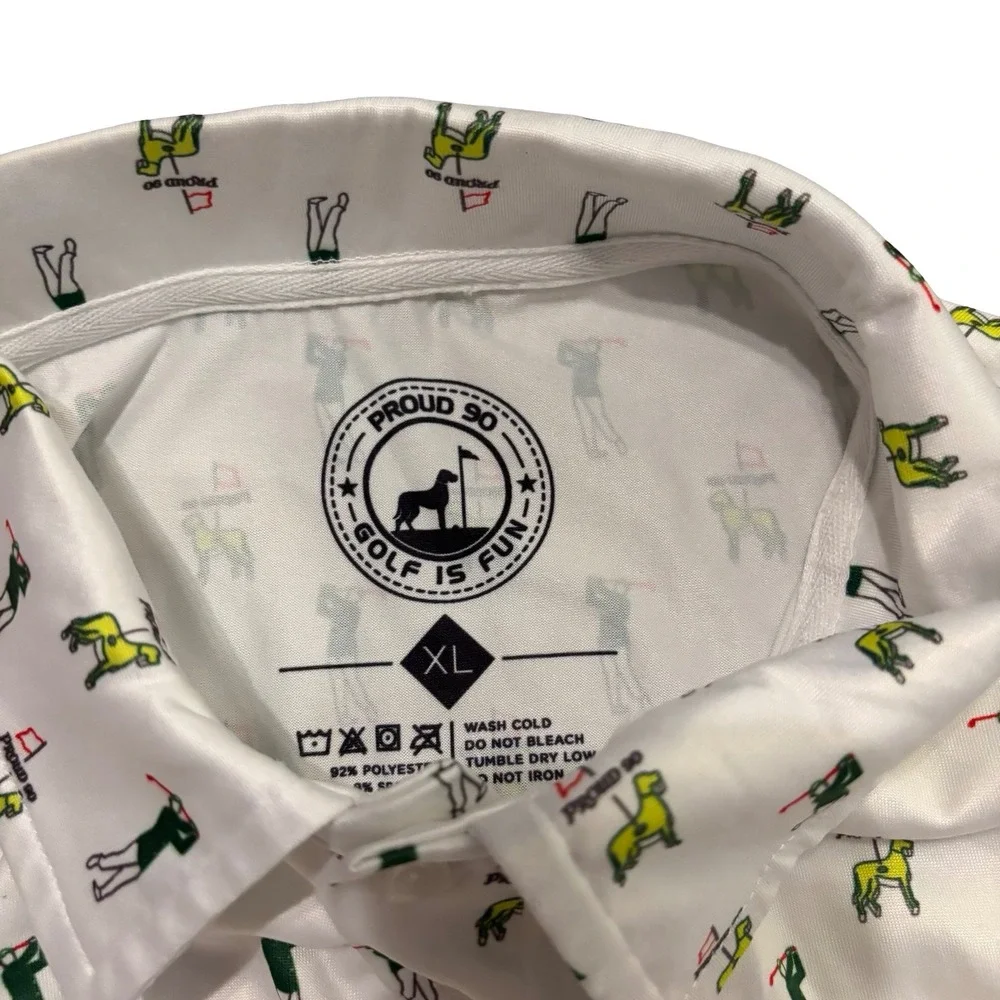 Proud 90 Mens XL Golf‎ Is Fun Performance Polo Shirt White Golfer Dog Print